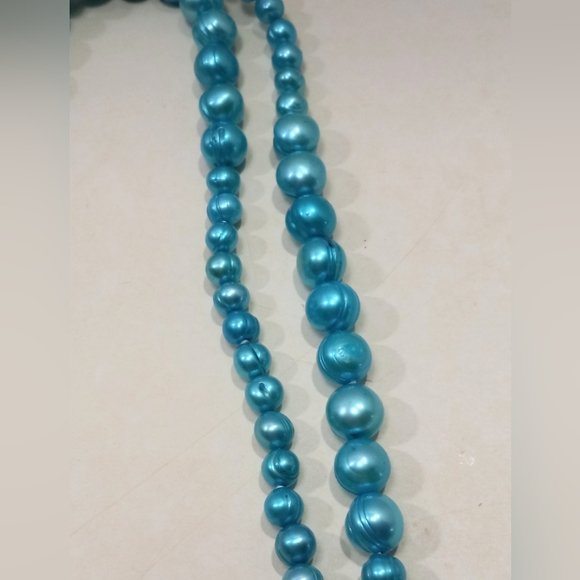 Blue Pearl Necklace 39" Graduated Potato Pearls 6mm-10.5mm Long Dyed - Picture 7 of 8